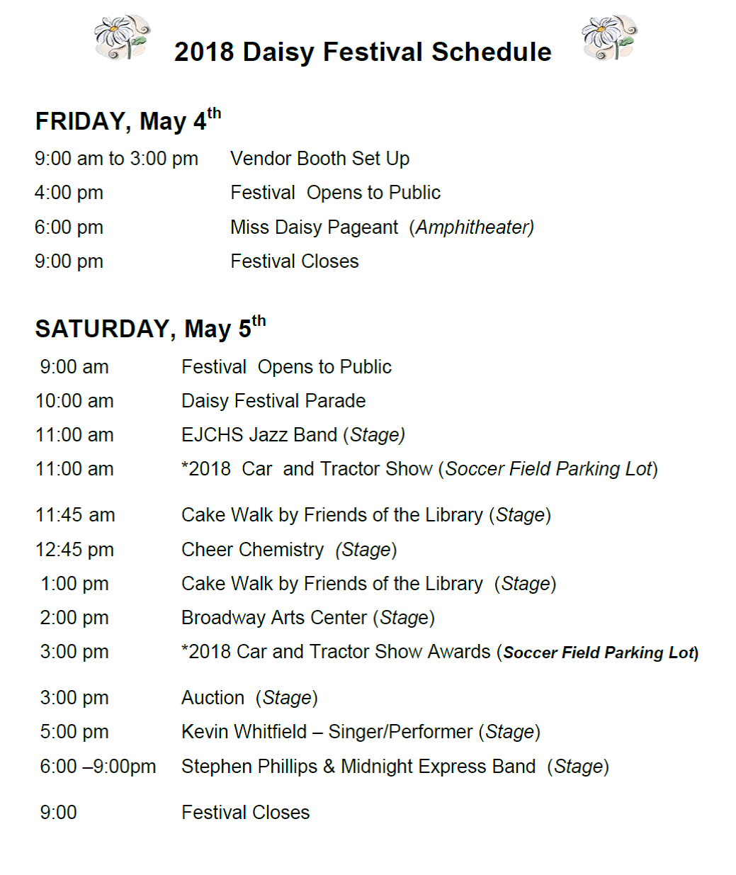2018 DAISY FESTIVAL SCHEDULE City of Nicholson